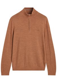 Suéter marrón con media cremallera hecho de tejido de punto texturizado. Tiene mangas largas y un cuello acanalado. Branding mínimo en el pecho.