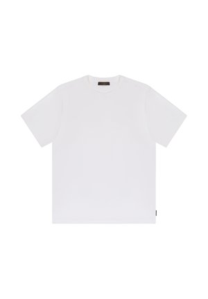 Prosty biały T-shirt z krótkim rękawem i okrągłym dekoltem, położony na płasko, pokazujący widok z przodu na białym tle.