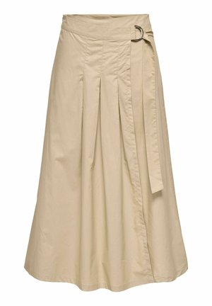 Beež A-lõike seelik esipoolsete voltide ja hõbedase rõngasvitsaga vööga, põlvikuni, valmistatud siledast kangast.