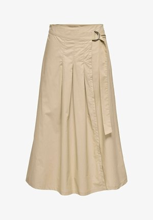 Beež A-lõike seelik esipoolsete voltide ja hõbedase rõngasvitsaga vööga, põlvikuni, valmistatud siledast kangast.