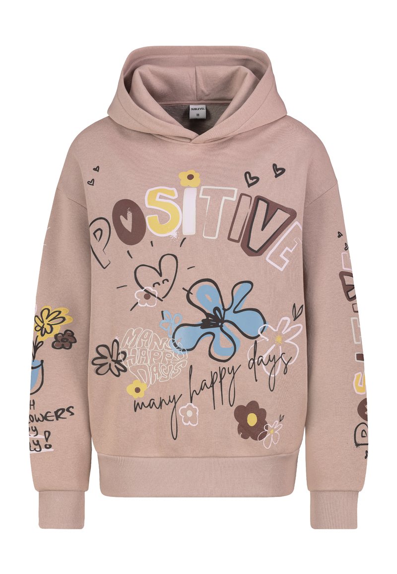 Hellbrauner Hoodie mit bunten Blumen, Herzen und den Worten "POSITIVE" und "viele glückliche Tage" in verschiedenen Schriftarten auf der Vorderseite und den Ärmeln.