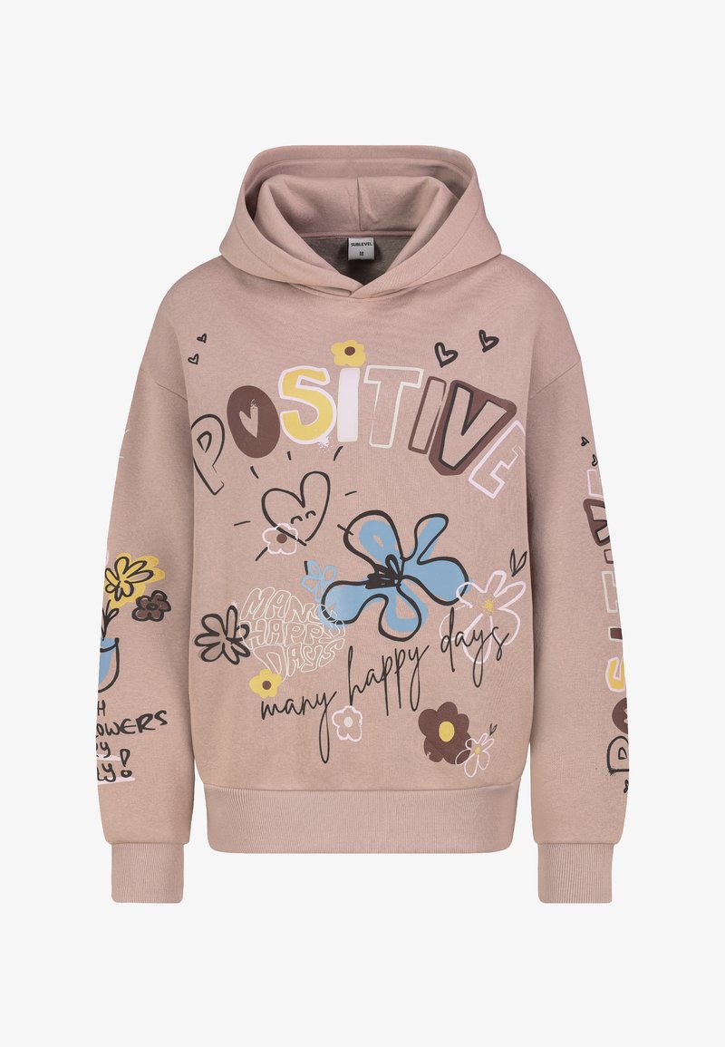 Light brown hoodie with colorful flowers, hearts, and the words "POSITIVE" and "many happy days" in various fonts on front and sleeves.