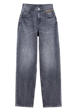 Jeans grigi alti in vita con gamba dritta in tessuto denim, con texture sbiadita, cinque tasche e un accento in catena dorata sul davanti.