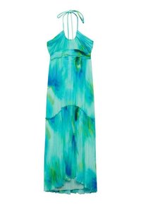 Lichtgewicht halterjurk met een geplooid ontwerp in turquoise en blauw met groene accenten, die aan de achterkant langer doorloopt. Tie-in de hals.