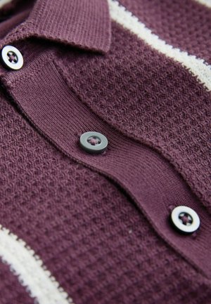 Lila Polohemd mit kurzen Ärmeln aus strukturiertem Stoff, kontrastierenden weißen Streifen und grauen Knöpfen. Verfügt über einen klassischen Kragen und ein feines Strickmuster.