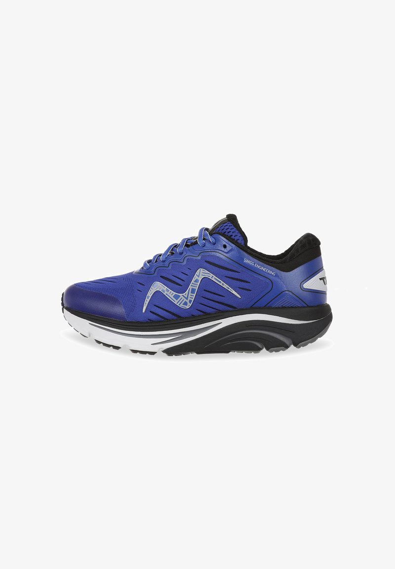 Blue athletic shoes with a synthetic upper, textured detailing, black accents, and a cushioned white and black sole. Laced design.