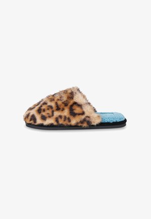 Pantofole pelose con stampa leopardata, sole nera e sottopiede azzurro, caratterizzate da una texture morbida e un accent decorativo sulla parte superiore.