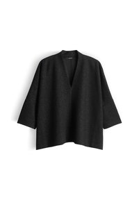 Zwarte oversized cardigan met een v-hals, driekwart mouwen en een textuurstof met subtiele metalen spikkels overal.