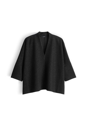 Cardigan noir surdimensionné avec un décolleté en V, des manches trois quarts et un tissu texturé avec de subtils éclats métalliques.