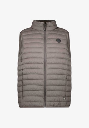 Lichtgrijs, gewatteerd, mouwloos vest met een voorrits en een hoge kraag, voorzien van een klein rond logo op de borst en een rechthoekig label bij de zoom.