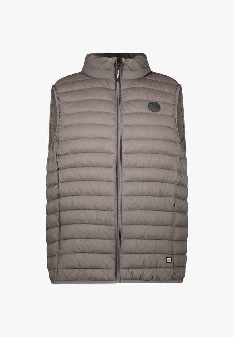 Lichtgrijs, gewatteerd, mouwloos vest met een voorrits en een hoge kraag, voorzien van een klein rond logo op de borst en een rechthoekig label bij de zoom.