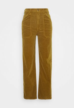 Spodnie z wysokim stanem i prostymi nogawkami, wykonane z musztardowego sztruksu, z dużymi przednimi naszywanymi kieszeniami i zapięciem na guzik w pasie.