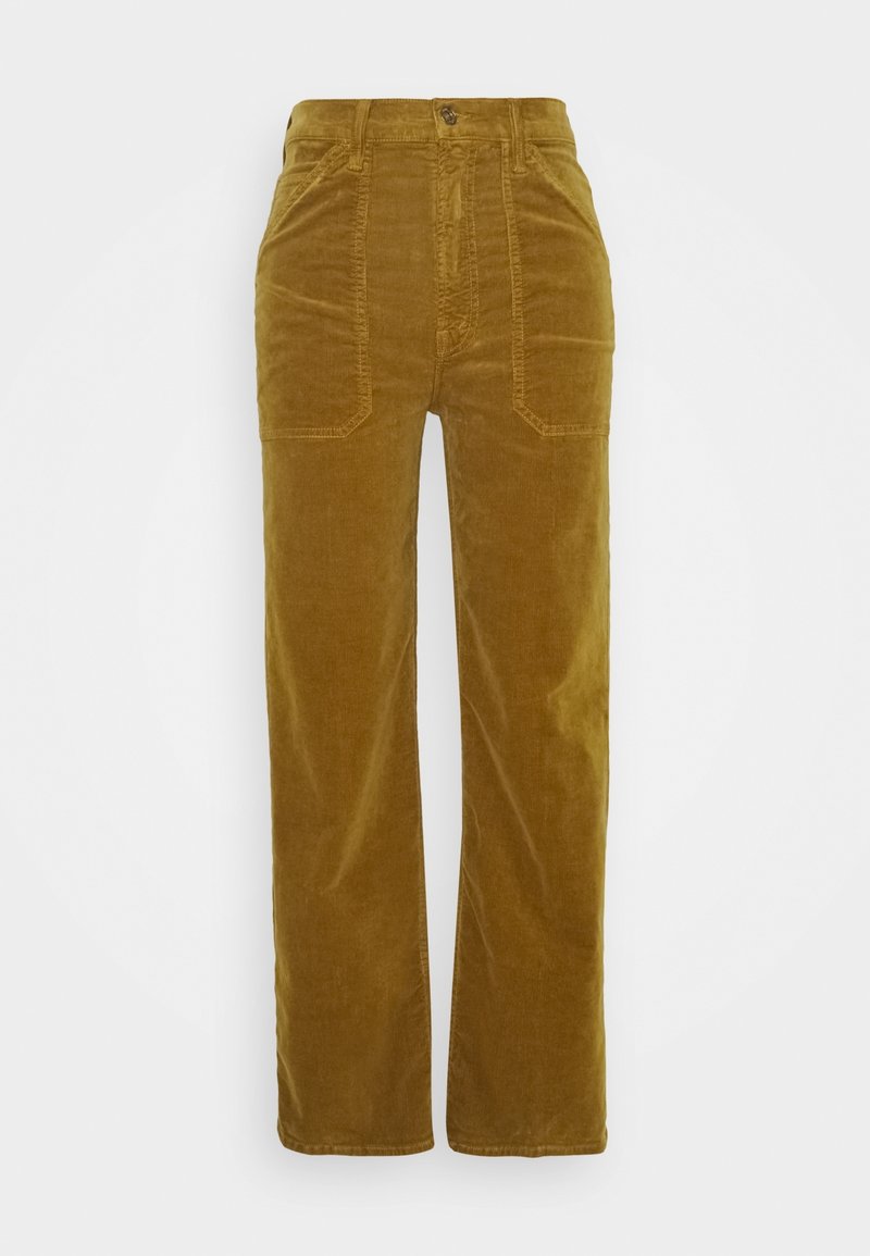 Pantalon en velours côtelé moutarde taille haute, coupe droite, avec grandes poches plaquées à l’avant et fermeture par bouton à la taille.