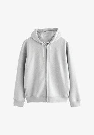 Hall gray zip-up huppar, mis on valmistatud pehmest, tekstuurse fliisist, ning millel on reguleeritav kapuuts ja soonikkoes mansetid ning äär. Lihtne disain, ilma mustriteta.