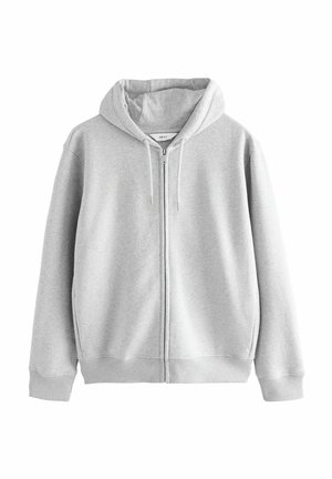 Gray zip-up hoodie made from soft cotton blend, featuring a drawstring hood, ribbed cuffs, and a relaxed fit. No patterns or additional hardware.