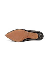 Schwarze Stoffsohle mit einem strukturierten Muster und einer beige Gummiunterseite. Verfügt über eine spitze Zehenform und eine glatte Oberfläche entlang der Kanten. Größe 37.