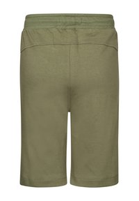 Shorts vert olive en mélange de coton doux, dotés d'une taille élastique, d'une texture lisse et d'un design à jambes droites.
