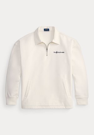 White long-sleeve pullover with half-zip, stand collar, side pockets, and small black Polo Ralph Lauren logo on the left chest.