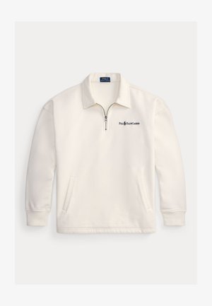 Λευκό μακρυμάνικο πουλόβερ με ημισφράγγιση, γιακά στύλο, πλαϊνές τσέπες και μικρό μαύρο λογότυπο Polo Ralph Lauren στο αριστερό στήθος.