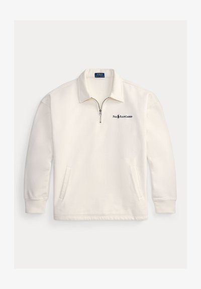 Λευκό μακρυμάνικο πουλόβερ με ημισφράγγιση, γιακά στύλο, πλαϊνές τσέπες και μικρό μαύρο λογότυπο Polo Ralph Lauren στο αριστερό στήθος.