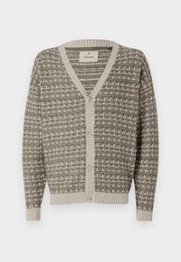 Beige och brun mönstrad cardigan med V-hals, ribbade muddar och knäppning fram. Texturerat stickat tyg ger ett mysigt intryck.