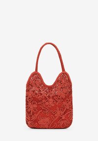 Red crochet handbag with floral pattern, textured surface, and two short, braided handles. U-shaped opening at the top.