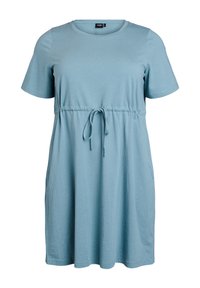 Robe courte à manches courtes de couleur bleu clair faite d'un tissu doux. Présente une taille à cordon pour un ajustement ajustable et une silhouette A-line décontractée.