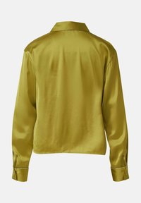 Long-sleeve, olive green satin shirt with buttoned cuffs and a classic collar, shown from the back on a plain background.