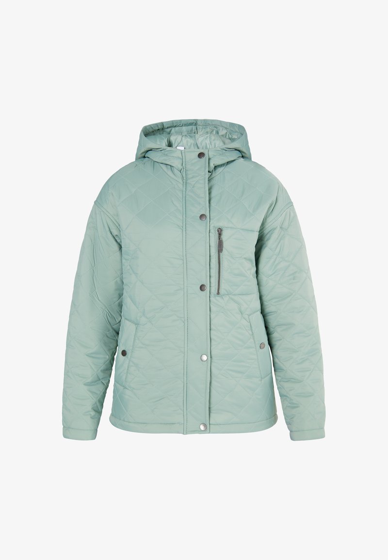 Pamušaluotas šviesiai žalias švarkas su gobtuvu, priekinėmis užtrauktuko kišenėmis, užsegamomis mygtukais ir šoninėmis kišenėmis; pasižymi glotnia, paminkštinta faktūra.