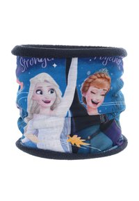 Kindernek-gaiter van een levendige blauwe stof met ontwerpen van twee geanimeerde karakters. Zachte textuur en marineblauwe fleece voering.