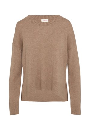 Beige knit sweater with a round neckline, dropped shoulders, and ribbed hem. Features side slits for added comfort and ease of movement.