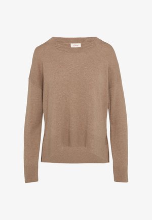 Beige Strickpullover mit Rundhalsausschnitt, fallen Schultern und geripptem Saum. Features seitliche Schlitze für zusätzlichen Komfort und Bewegungsfreiheit.