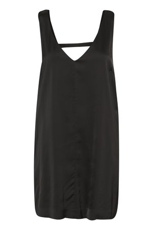 Abito senza maniche nero realizzato in tessuto morbido, caratterizzato da una scollatura a V e un design a spalla incrociata angolare sotto il collo.