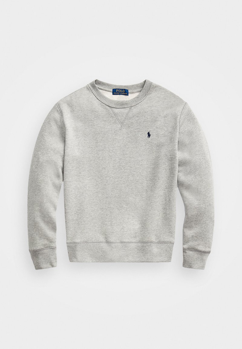 Sweatshirt gris en tissu mélangé coton. Conception à col rond avec poignets et ourlet côtelés. Présente un petit logo bleu sur la poitrine gauche.
