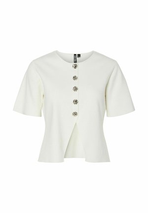 Haut blanc à manches courtes avec un col rond, comportant six boutons décoratifs sur le devant et un design d'ourlet asymétrique.