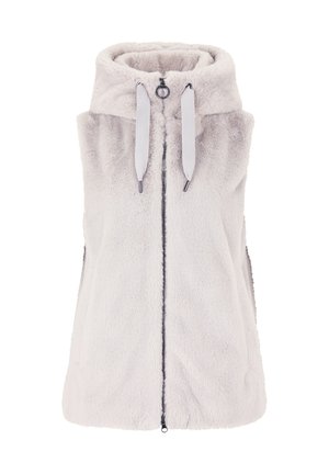 Lichtgrijze mouwloze vest gemaakt van zachte, fluffy stof. Heeft een hoge hals, ritssluiting aan de voorkant en decoratieve trekkoordaccenten.