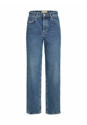 High-waisted, straight-leg blue denim jeans with five pockets, light stitching, and a textured finish.