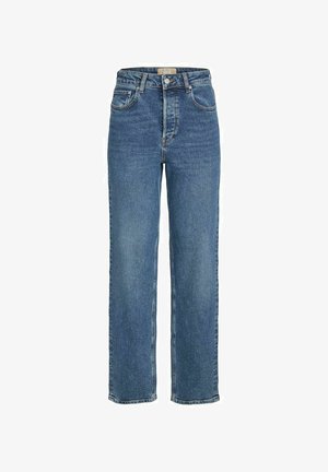 Džíny z modrého denimu s vysokým pasem a rovnými nohavicemi, se pěti kapsami, světlejšími švy a texturovaným povrchem.