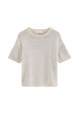 Krótki sweter dzianinowy z beżowymi i jasnoniebieskimi poziomymi paskami, o okrągłym dekolcie i prążkowanych brzegach od Marca O'Polo.