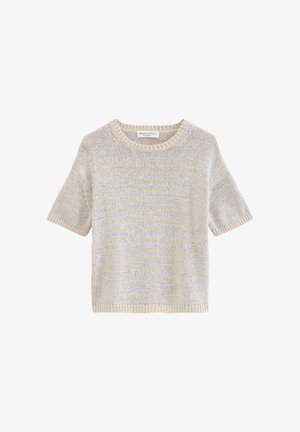 Pullover mit kurzen Ärmeln aus Strick, beige und hellblaue horizontale Streifen, Rundhalsausschnitt und gerippte Kanten von Marc O'Polo.