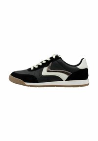 Black sneaker with smooth synthetic and textured suede panels, white accents, lace-up closure, and a gum rubber sole.