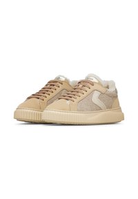 Beige sneakers with textured suede and wool panels, featuring a padded collar, round laces, and a ridged rubber sole.