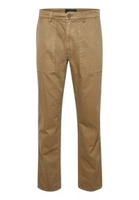 Beige katoen broek met een rechte snit, voorzien van twee zijzakken en een knoopsluiting. Gladde textuur met zichtbare stikdetails.