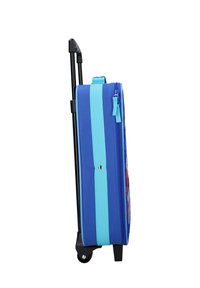 Blauwe koffer op wieltjes met een duurzame buitenkant, een uitschuifbaar handvat en lichtblauwe accenten. Voorzien van een ritsluiting en een compact ontwerp.