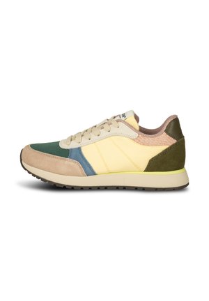 Multicolored sneaker featuring a combination of yellow, beige, green, and brown materials, with a textured back and rubber sole.