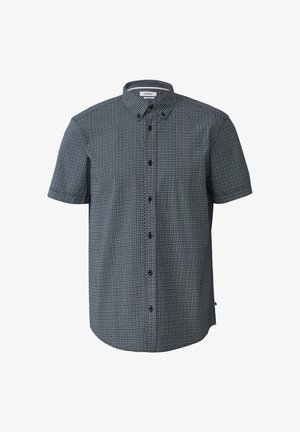 Korte mouwen overhemd met knopen in marineblauw met een geometrisch patroon, gemaakt van lichtgewicht stof; heeft een kraag en een knoopsluiting aan de voorkant.