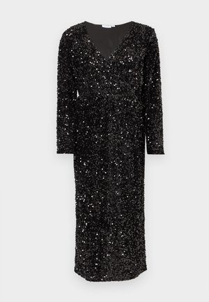 Must mustriga kleit pikkade varrukatega, sügava V-kaelusega ja pahkluuni ulatuva disainiga. Sädelev tekstuur tõstab visuaalset huvi.