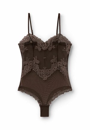 Body en dentelle marron foncé avec broderie florale, bretelles fines réglables, panneaux en maille transparente et fermeture à pression à l'entrejambe.