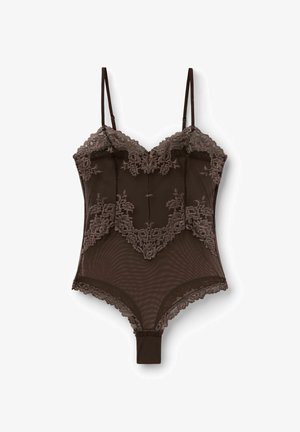Body en dentelle marron foncé avec broderie florale, bretelles fines réglables, panneaux en maille transparente et fermeture à pression à l'entrejambe.