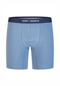 Blauwe katoenen boxershorts met een marineblauwe elastische tailleband waarop de tekst "HAPPY SHORTS" staat. Glad textuur en een op maat gemaakte snit.